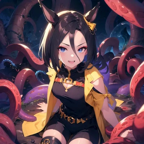 (solo、one girl showing her chest、 girl with horse ears 、Petite、Small、Round Breasts:1.5)(3DCG Artwork、Dynamic Angle、Face POV、Rimlight、brightly colored:1.5)( Red Tentacles、Ground of Tentacles、surrounded by tentacles、The lower body is buried in tentacles:1.5)...