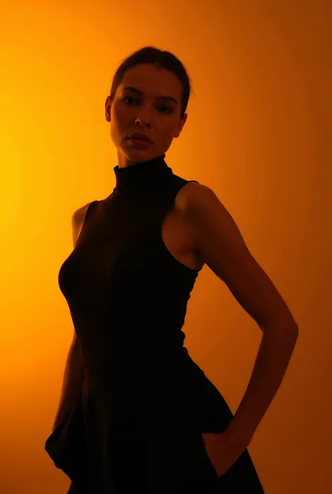 fashion editorial photography, front shot, upper body, professional female model, shot with hasselblad x2d 100c, xcd 90mm f/2. 5 lens, cinematic sepia color grading with golden hour warmth, dramatic black silhouette against burnt umber to honey amber gradi...