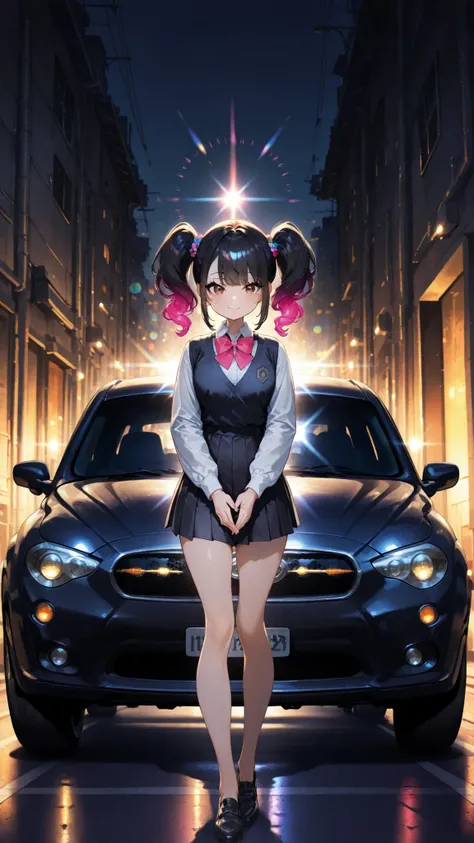 1 woman, JK、 spread your hands , standing, backlighting by car headlights:1.2,night, Lighted car headlights, Dark Back Alley, Standing in front of a car, backlight effect, Transparent hair, fantastic, lens flare,  prism, full body shot, Minami Yoshikawa, b...