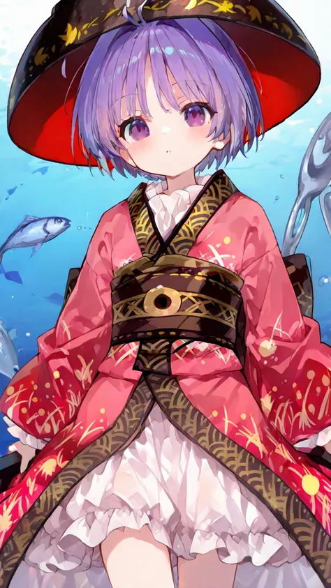sukuna shinmyoumaru, 1girl, solo, blue eyes, purple eyes, blue hair, purple hair, short hair, antena hair,,Artistic Perfection, Ultimate Detailed Description、I'm fishing for a huge fish、