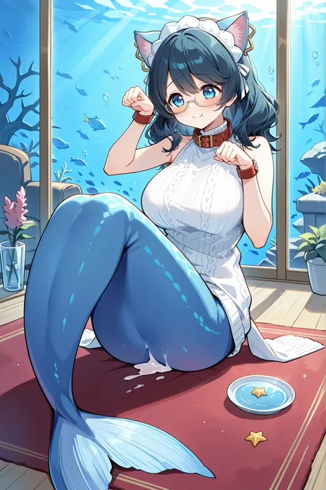1 female,big breast, Misolfachord Eliteia, White glasses,sleeveless white sweater,cat ear headdress ,Paw pose,red collar hanging around the neck,Red bracelet ,long hair, Full body picture,Best Quality,Very Beautiful,Ridiculous,masterpiece,The masterpiece a...