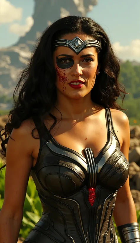 Ultra realistic 20K, Wonder Woman cyborg mode, damaged metallic tiara covered in blood stains, half face replaced with sleek black titanium plates, glowing red eye emitting faint holographic symbols, armor scorched with deep cracks, background of collapsin...