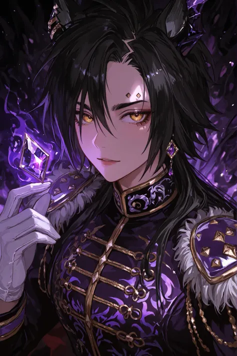 The character Air Shakur is dressed in a striking outfit that combines elements of the Gothic and fantastic styles. The jacket is predominantly black, adorned with intricate embroidery and silver buttons that add details to the front dragons. Purple accent...