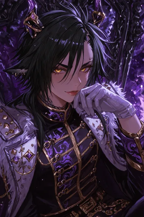 The character Air Shakur is dressed in a striking outfit that combines elements of the Gothic and fantastic styles. The jacket is predominantly black, adorned with intricate embroidery and silver buttons that add details to the front dragons. Purple accent...