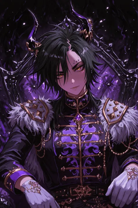 The character Air Shakur is dressed in a striking outfit that combines elements of the Gothic and fantastic styles. The jacket is predominantly black, adorned with intricate embroidery and silver buttons that add details to the front dragons. Purple accent...