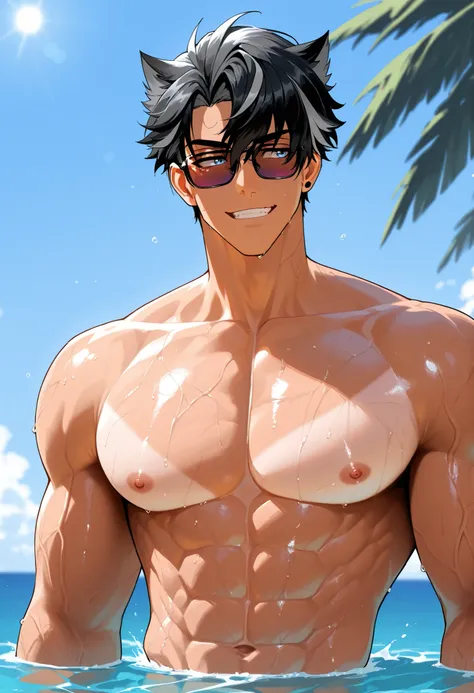 (human) a men Wriothesley , bathing in a paradisiacal sea ,  sea water running down your body, shirtless, sexy smile  , neaked, into the sea, water covering the entire lower part of the body, big dick , muscle movements, crystal clear water  , with sunglas...