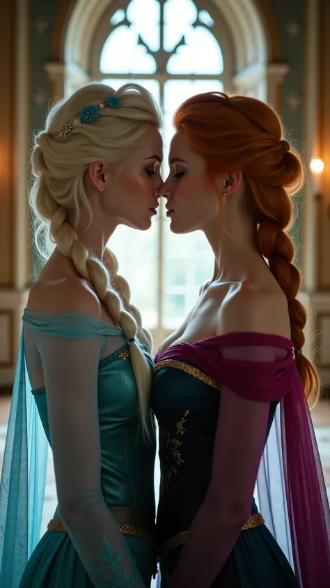 Ultra-realistic head-and-shoulders portrait of blonde Elsa and her redhead sister Anna touching each others breasts, kissing in sharp focus, captured with a Canon EOS R5 and a 50mm f/1.8 lens. Natural eye-level perspective with the focal point on the subje...