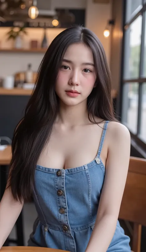 Beautiful teen girl, long hair, black, big breasts, attractive figure, looking at the camera 8K high definition, sharp focus, very high detail, realistic like a photo, natural light, smooth skin
Sit in a famous cafe in the city
She wore a blue short-sleeve...
