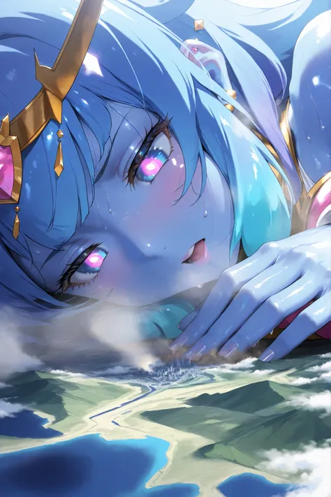 (masterpiece , Highest quality , Ultra-high resolution) , 1girl , spirit king wave , gold headpiece , bare shoulders , white pelvic curtain , gold armor , white leotard , white puffy long sleeves , gold ear piercing , (blue skin) , latex skin , glossy skin...