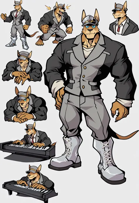 Experienced furry character reference sheet adoptable for Janus, masterpiece , electric keyboard piano, modern day alternate universe, no background, fullbody, multiple views , best quality , masterpiece , masculine , character sheet , dungeon & dragons , ...