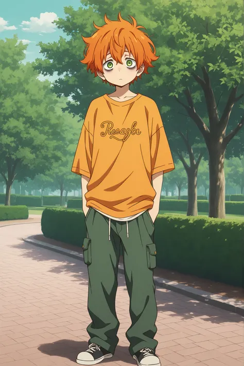 Masterpiece, Highest Quality, 1boy, solo, shoyo hinata, messy hair, orange hair, green eyes, bags under eyes, full body shot, casual clothes, standing in a park, wears a unique outfit, 