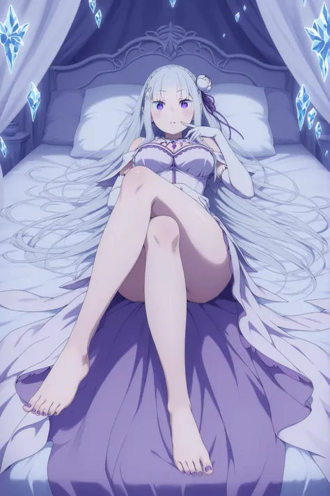 high quality, capolavoro, ultra dettagliato, anime style, Re:Zero art style, Emilia (Re:Zero), lying sensually on the bed, posa provocante, extended and crossed legs, female feet in the foreground, shiny pastel purple lacquered nails, well-groomed and deli...