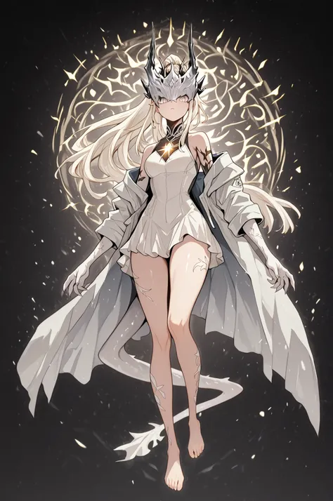 Alone, 1 girl, white energy hair, hairstyle like Reed the Flame Shadow from Arknights, tied in a long ponytail, eyes covered by a silver mask with the same design as the Frost Queen's mask from Return of the Frozen Player, perfect anatomy, student, young c...