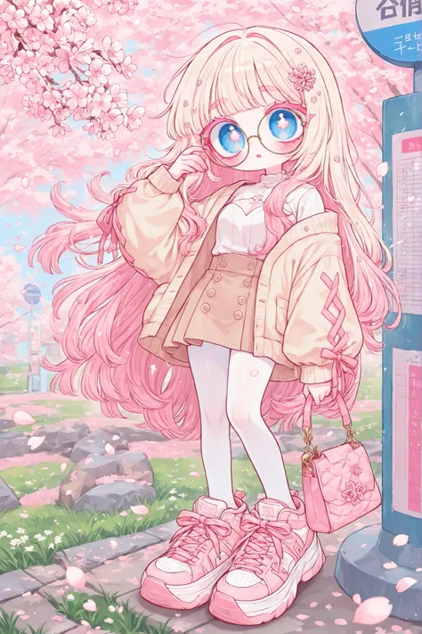 (edanoma_meu_illu,) The white-skinned Korean girl. She has white skin with pink blush. She has blue eyes, pink eyelashes and pink eyebrows. She has light Korean makeup, and her lips have pink gloss. She has straight longest ground-length bleached hair with...