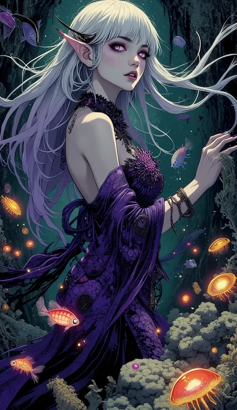 (A fusion of Ukiyo-e and dark fantasy. Aesthetic and gothic digital art. Draw a detailed face. Look away.) BREAK
(Transparent white hair. Blunt bangs. White eyebrows. Long white eyelashes. Almond-shaped eyes. Lavender-colored eyes. Thick, dark eyeliner. S...