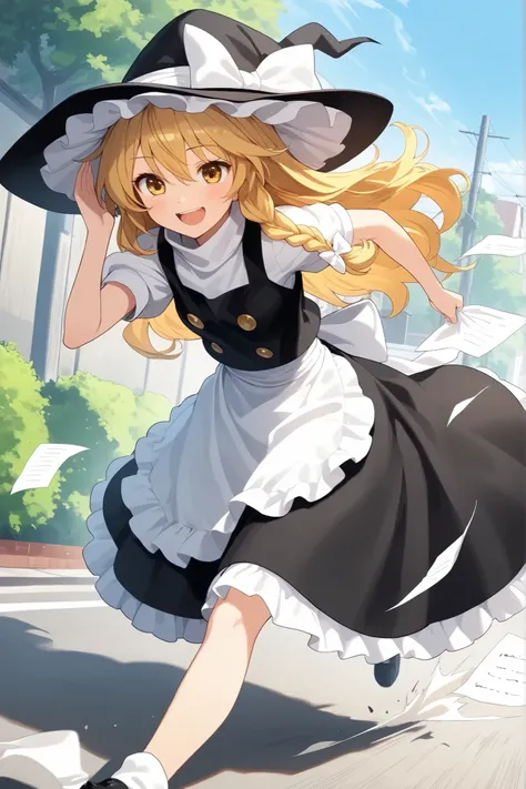 (Quality, 4k, A High Resolution, Masterpiece), Marisa Kirisame, smile, blonde hair, long hair, side braid, golden eyes, running on a street, happy, throwing sheets of paper into the air
