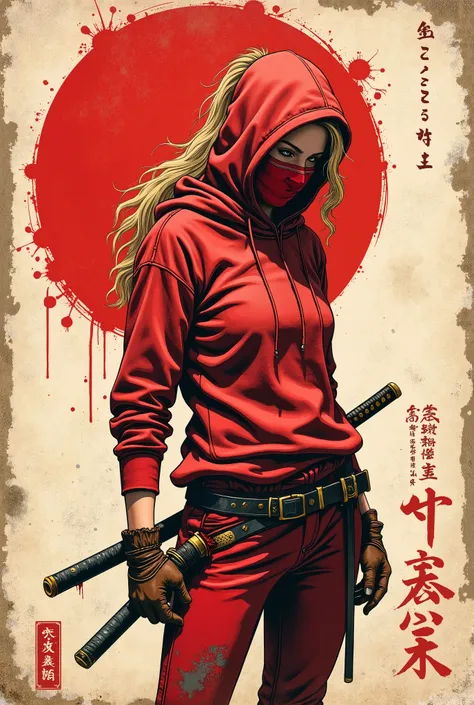 Young western ninja. She looks down seriously. Red ninja mask on her face. vista lateral. The body is effectively curved. seios pequenos. Shoulders are thrown back. The arms are loosely lowered along the body. The head is slightly turned toward the observe...