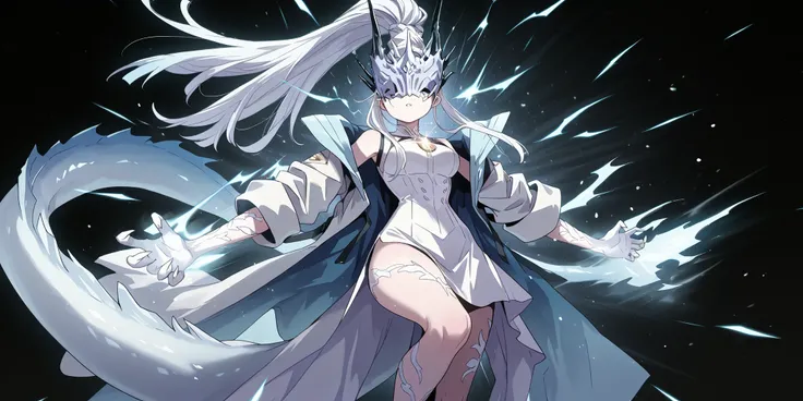 Alone, 1 girl, white energy hair, hairstyle like Reed the Flame Shadow from Arknights, tied in a long ponytail, eyes covered by a silver mask with the same design as the Frost Queen's mask from Return of the Frozen Player, perfect , student, young characte...