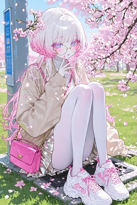 (xxx667_illu,) The white-skinned Korean girl. She has white skin with pink blush. She has blue eyes, pink eyelashes and pink eyebrows. She has light Korean makeup, and her lips have pink gloss. She has straight longest ground-length bleached hair with Pink...