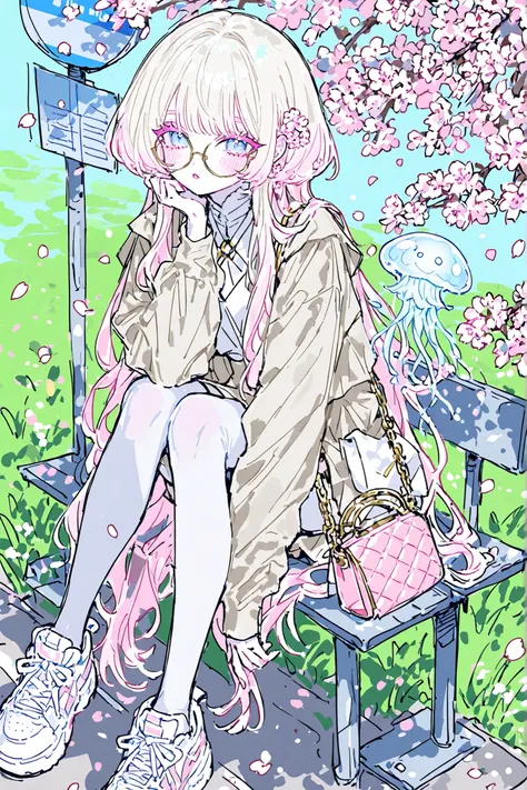 (ma1ma1helmes_b_illu,sketch,) The white-skinned Korean girl. She has white skin with pink blush. She has blue eyes, pink eyelashes and pink eyebrows. She has light Korean makeup, and her lips have pink gloss. She has straight longest ground-length bleached...