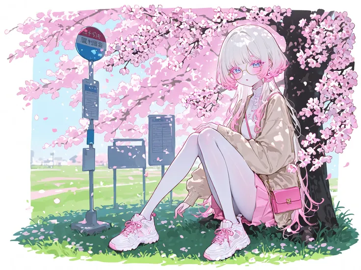 (xxx667_illu,) The white-skinned Korean girl. She has white skin with pink blush. She has blue eyes, pink eyelashes and pink eyebrows. She has light Korean makeup, and her lips have pink gloss. She has straight longest ground-length bleached hair with Pink...