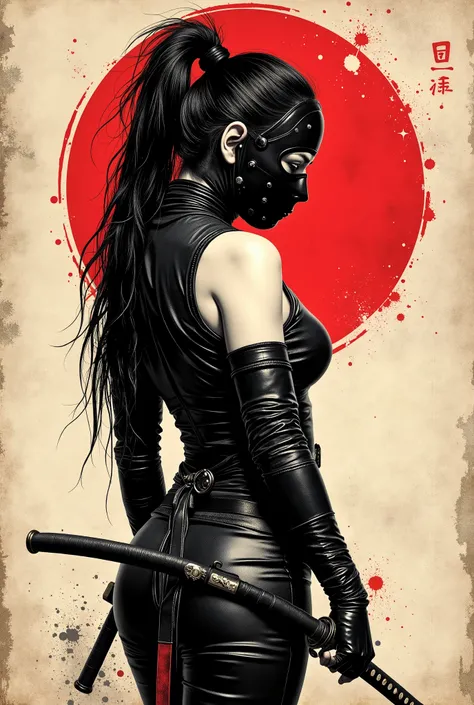 Young Asian ninja woman. She looks down seriously. Black leather ninja mask on the face. vista lateral. The body is effectively curved. Seios enormes. corpo voluptuosa . Shoulders are thrown back. The arms are loosely lowered along the body. The head is sl...
