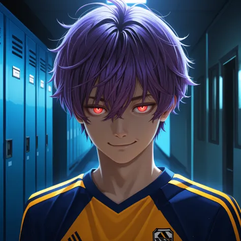 anime ultra-detailed, young male soccer player with messy short purple hair, glowing red eyes, confident smirk, wearing an orange and yellow soccer jersey with detailed team logo, standing in a dimly lit locker room hallway with cool blue lighting, realist...