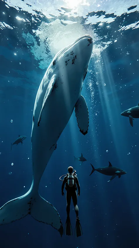 photorealistic, masterpiece, ultra detailed, 8K, professional underwater photography, a single diver looking up from deep blue, transparent water, giant white whale appearing overhead, Overwhelming Presence, god々Shiny white body surface, A majestic figure ...