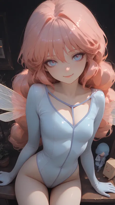 thong leotard,fairy_wings,Chum_Huau,pink_hair,butterfly_wings,, cute woman , Beautiful eyes ,,friend_Huau,Pink_My hair,long_My hair,butterfly_wing,Fairy_wing,high leg_leotard,upper body, look_in_viewer,smile,in flight,from above,Blue_null , Sacred Atmosph...