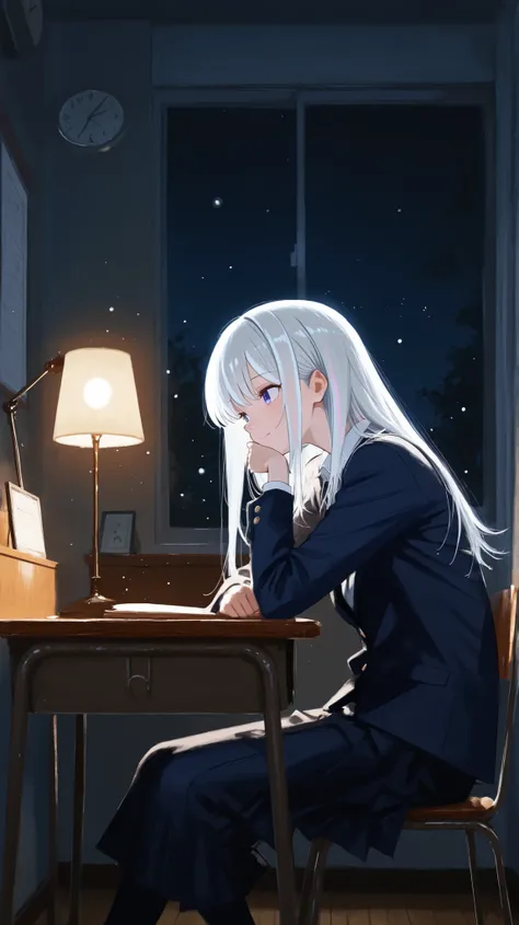 masterpiece, best quality, ultra-detail, anime-style illustration, night room scene, Japanese high school girl sitting at a desk, looking slightly upward with a thoughtful expression, warm desk lamp light, wall clock showing 11:00 pm, soft shadows, subtle ...