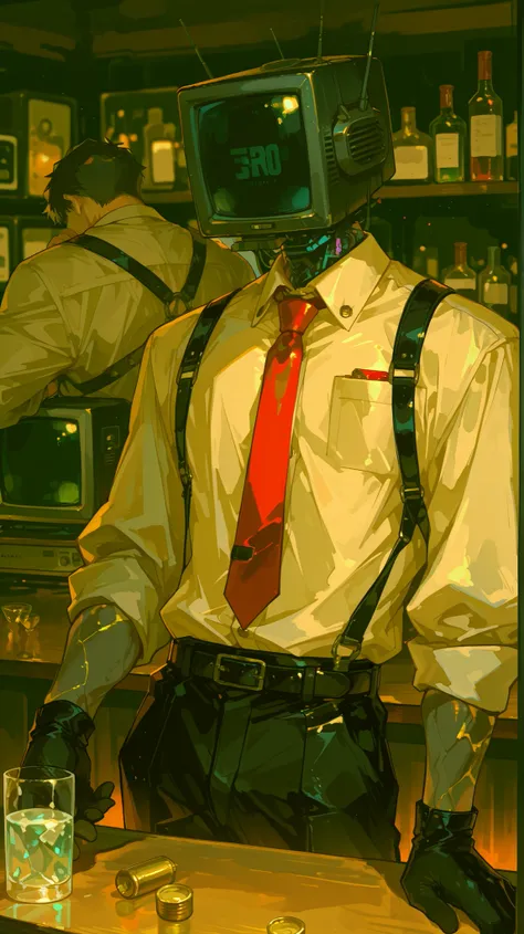 masterpiece, best quality, 8K resolution, HDR, 4K resolution, sharp focus, vibrant colors, anime cel-shading style, 1 male anthropomorphic character (humanoid body), CRT television head, old TV set head, screen showing abstract blurred face outline with fa...