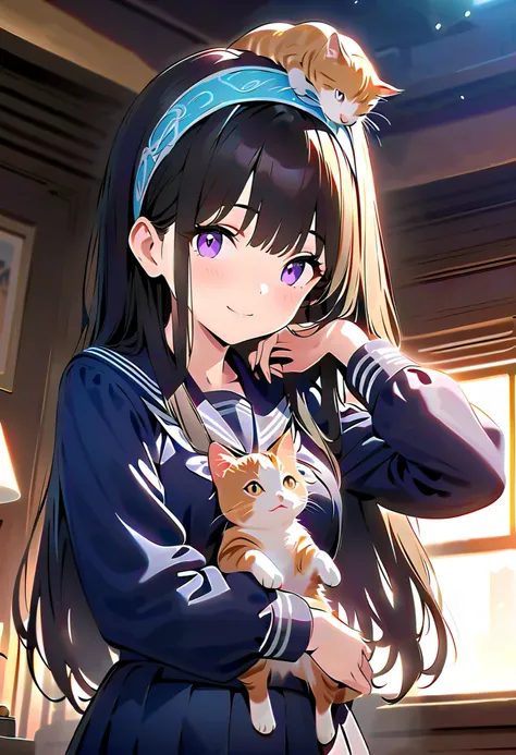 成people女性が1people, (((dark haired, Long Hair))), (hair band at the top of the head, White:1.4), sailor uniform, (((dark blue sailor suit))), black stockings, black garter belt, Illustration of a woman playing with kittens, A room where soft light shines in...