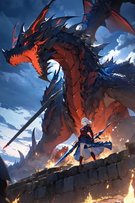 best quality, ultra detailed, masterpiece, 4k, 8k, platinum hair color, short wavy  hair, swept bangs, red eyes, dragoon, red armor and skirt, from below, having lance, background plateau and two headed black dragon, weather thunder, cloudy, night, cinemat...