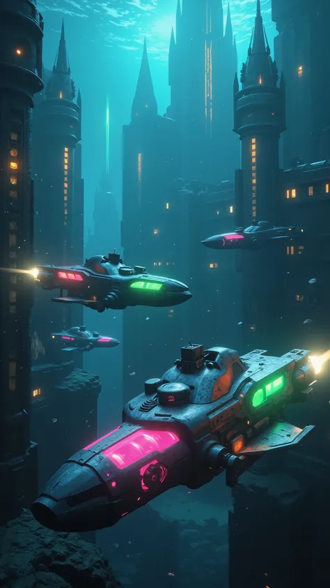 highdefinition image、Undersea City、Many colorful submarines are going、Survivors of Atlantis Civilization、