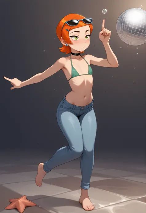Gwen Tennyson . ginger . short hair . green eyes . flat breasts, flat chest, huge hips . slim body . choker . | masterpiece, best quality, highres, absurdres, best quality, 1girl, underwater, submerged, empty, simple background, swimming,  blush, joy, floa...