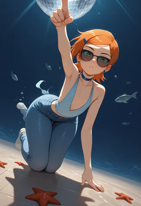 Gwen Tennyson . ginger . short hair . green eyes . flat breasts, flat chest, huge hips . slim body . choker . | masterpiece, best quality, highres, absurdres, best quality, 1girl, underwater, submerged, empty, simple background, swimming,  blush, joy, floa...
