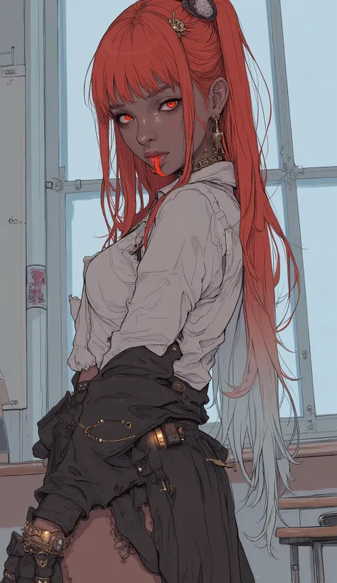 (masterpiece, Highest Quality), Super Detailed, 1girl, rimless, clothes, high ponytail, Blonde, gradation hair with full moon, Long Hair, Red Eyes, close one eye, classroom, standing, Put your hands on your lower back, lean forward, Evil smile, finger clos...