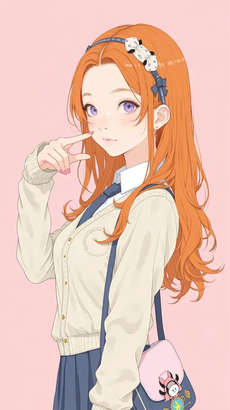 waves and subtle lavender-tone accents of, stretch her right arm forward with her finger、Panda charm and brand name.The long, voluminous, bright orange hair is elegantly styled with、waves and subtle lavender-tone accents。, adorned with a decorative hair ba...