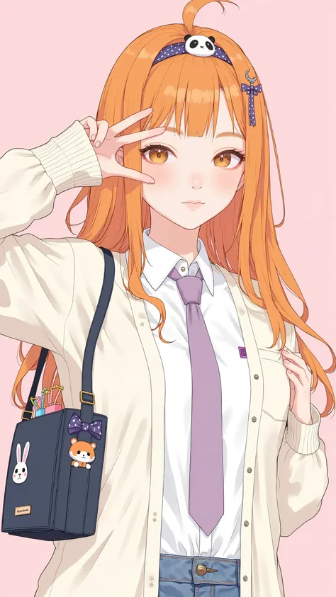 waves and subtle lavender-tone accents of, stretch her right arm forward with her finger、Panda charm and brand name.The long, voluminous, bright orange hair is elegantly styled with、confident young dark-skinned women standing。, adorned with a decorative ha...