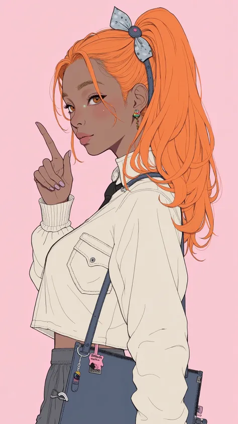 waves and subtle lavender-tone accents of、Half of Kenya and Japan, stretch her right arm forward with her finger、Panda charm and brand name.The long, voluminous, bright orange hair is elegantly styled with、waves and subtle lavender-tone accents。, adorned w...