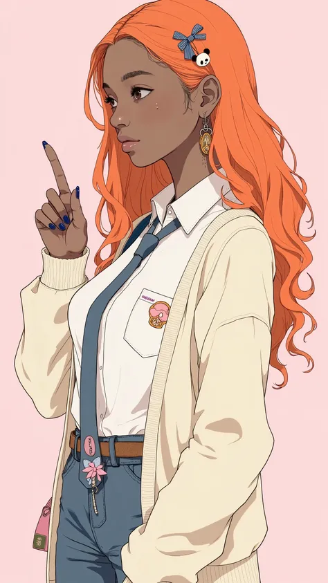 waves and subtle lavender-tone accents of、Half of Kenya and Japan, stretch her right arm forward with her finger、Panda charm and brand name.The long, voluminous, bright orange hair is elegantly styled with、waves and subtle lavender-tone accents。, adorned w...