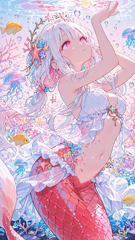 rich,beautiful mermaid, happiness, curvy body, dynamic pose, filling the entire frame, long flowing white hair, low twintail, starfish ornaments in her hair, pink eyes, elegant shimmering gown with rainbow-colored fish scales, red scales on her body, face ...