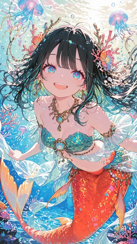 rich,beautiful smiling mermaid, curvy body, swimming towards the viewer, leaning forward dynamically, filling the entire frame, long flowing black hair, pearl ornaments in her hair, blue-green eyes, elegant shimmering gown with rainbow-colored fish scales,...