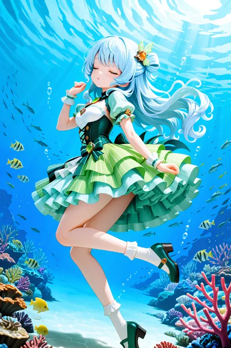 masterpiece, highest quality, amazing quality, perfect face, highest resolution, anime style, anime style, 3DCG style, 1girl, solo, Umizukuri Anmo, Ammonite Girl, light blue hair, curly hair, curly bangs, green swirly hair with one point, (((light blue hair with one point green stripe hairstyle))), long hair, amber eyes, lots of highlights, small ammonite hair ornament, ammonite shell, water shavings, ,(dress with ammonite shell as one point, light blue and teal idol style dress, gothic style dress, amber brooch, wearing socks with many frills on one side), Girl drifting in the ocean, Underwater, Seabed, Side view, Low angle, Dynamic pose, Cute sleeping pose, Coral reef, Underwater valley, Underwater atmosphere, Fish swimming, Tropical fish, Blue image

