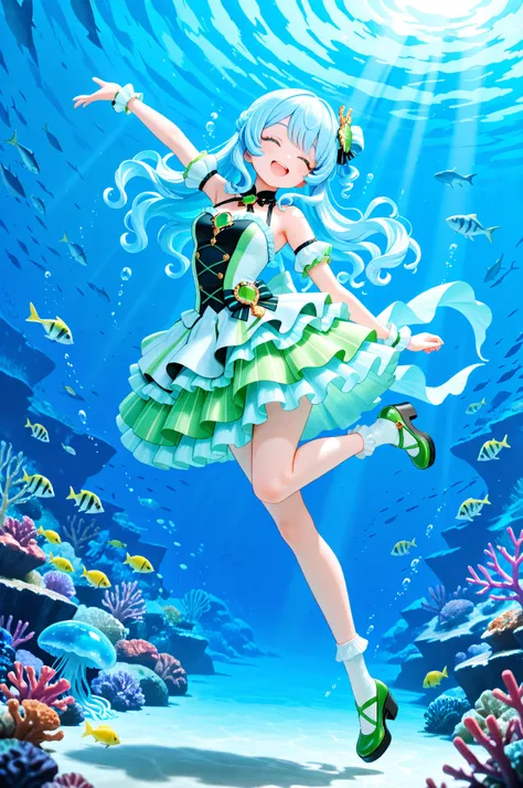 masterpiece, highest quality, amazing quality, perfect face, highest resolution, anime style, anime style, 3DCG style, 1girl, solo, Umizukuri Anmo, Ammonite Girl, light blue hair, curly hair, curly bangs, green swirly hair with one point, (((light blue hair with one point green stripe hairstyle))), long hair, amber eyes, lots of highlights, small ammonite hair ornament, ammonite shell, water shavings, ,(dress with ammonite shell as one point, light blue and teal idol style dress, gothic style dress, amber brooch, wearing socks with many frills on one side), Underwater party, underwater dance party, dance party, dancing girl, swinging skirt, enjoying, happy, smiling, dancing fish, jellyfish, marine life, underwater, undersea, cheerful atmosphere, dance, ball, sumptuous seafood meal, fancy dinner, underwater dance hall Coral reef platform, stage, coral reef stage, dancing on stage, underwater spotlight, Girl drifting in the ocean, Underwater, Seabed, Side view, Low angle, Dynamic pose, Cute sleeping pose, Coral reef, Underwater valley, Underwater atmosphere, Fish swimming, Tropical fish, Blue image

