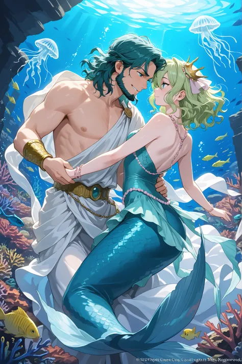 masterpiece, couple, Keira Knightley, pale bluish skin, green_hair, wavy hair, Ancient Greek clothing, aqua dress,  seashell crown and jewelry BREAK handsome middle aged man, Greek God, toned body, silvery blue hair, ancient Greek clothing, beard, medium h...