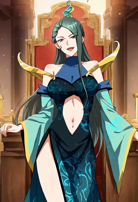 Qingmei, 1 girl, solo, red eyes, long hair, dark green hair, long side-swept bangs, half-up hair, hair ornament, single long sidelock, single curved sidelock, spiral hair ornament, green and gold hair accessory, red lipstick, red eye makeup,
Qingmei_out...