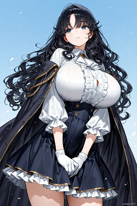 {{{{{{{{{{hamada yoshikazu}}}}}}}}}},,1 woman 、curly hair、Large amount of hair、dark haired、Holding a white lily with both hands、clear sky、huge breasts、 masterpiece, Highly detailed , white gloves、cloak、frilled skirt, frilled sleeves, frilled shirt, high-wa...