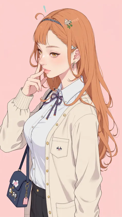 waves and subtle lavender-tone accents of、Half of Kenya and Japan, stretch her right arm forward with her finger、wide forehead、Panda charm and brand name.The long, voluminous, bright orange hair is elegantly styled with、waves and subtle lavender-tone accen...