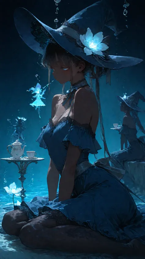 Shelley Gee, (masterpiece, Highest Quality, high definition: 1.2), party 、lace fabric、Pantyhose 、 Witch Tea Party 、 Navy Blue Dress 、、Very dark deep sea , dynamic contrast,(cinematic light),create a mysterious and fantastic space,Glowing Jelly,Artistic...